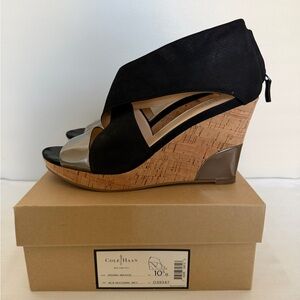 Cole Haan Black and Taupe Cork Wedge Sandals